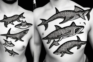 small sharks swimming, top view tattoo idea