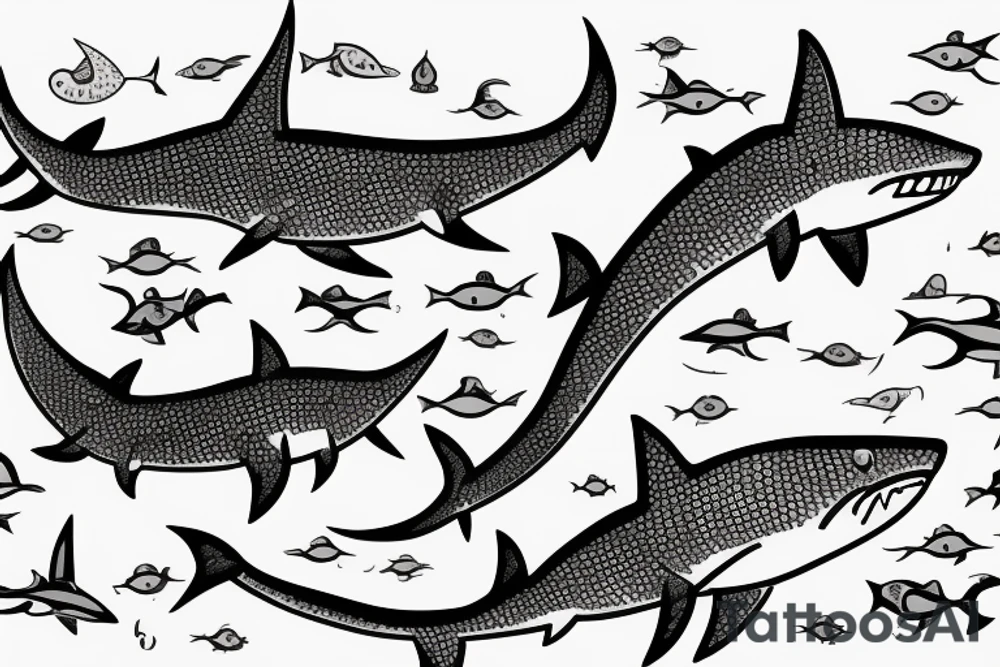 Small sharks swimming around an arabic word, the sharks will be looked at from the top. tattoo idea