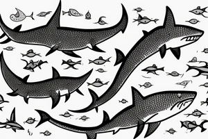 Small sharks swimming around an arabic word, the sharks will be looked at from the top. tattoo idea