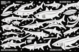 Small sharks swimming around an arabic word, the sharks will be looked at from the top. tattoo idea