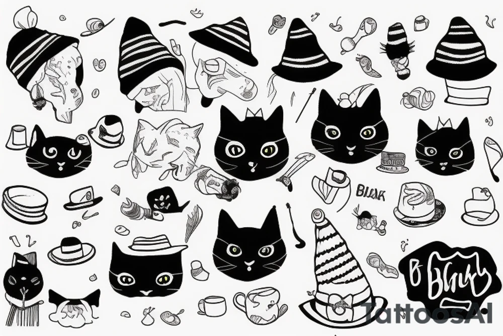 Black cat with a funny hat and sweater tattoo idea