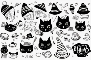 Black cat with a funny hat and sweater tattoo idea