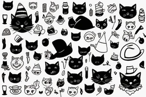 Black cat with a funny hat and sweater tattoo idea