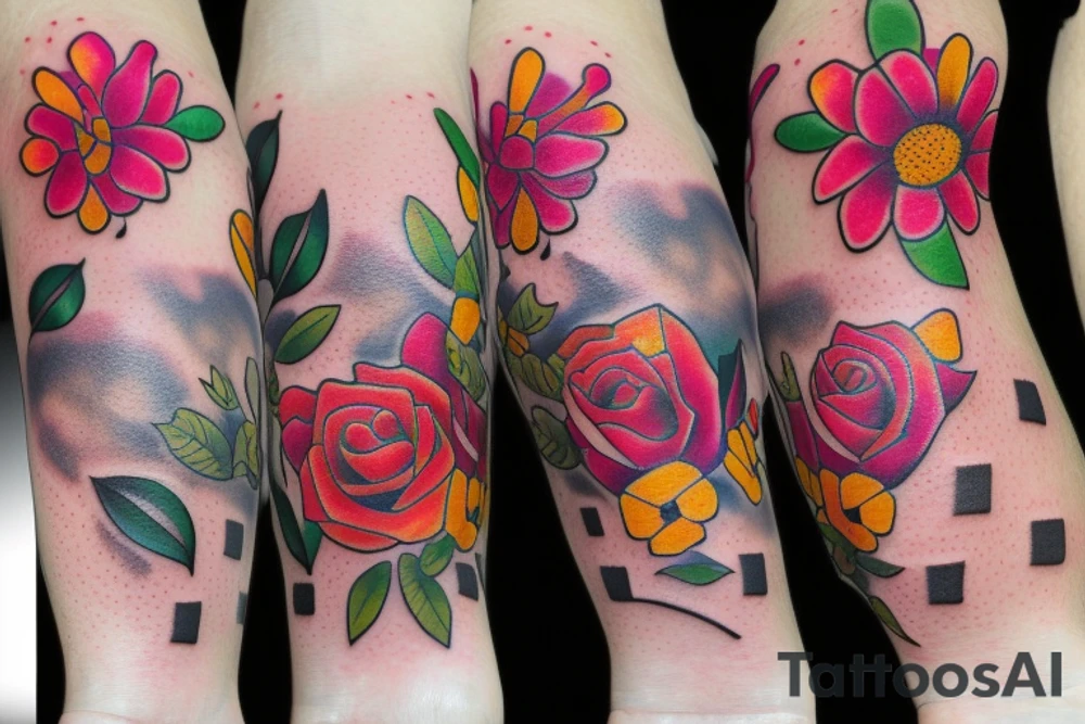 color flowers and letters tattoo idea
