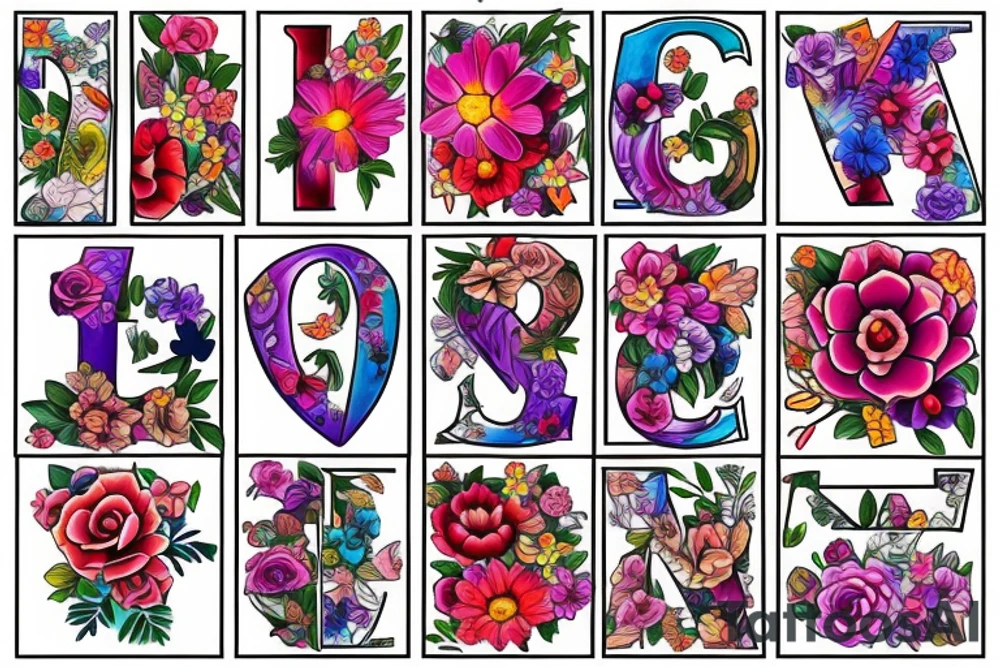color flowers and letters tattoo idea