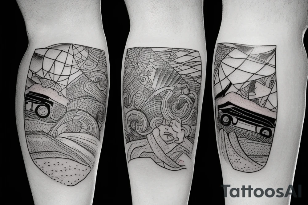 snowboard, fine line tattoo on leg tattoo idea