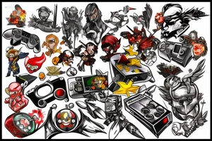 Popular video game collage tattoo idea
