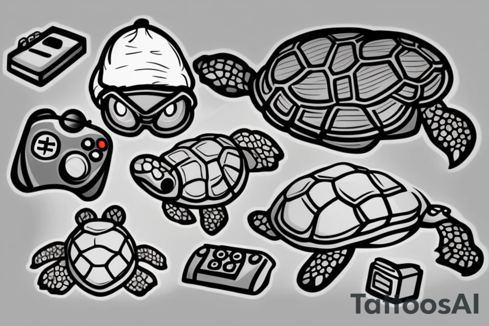 Turtle with a beanie and a video game controller tattoo idea