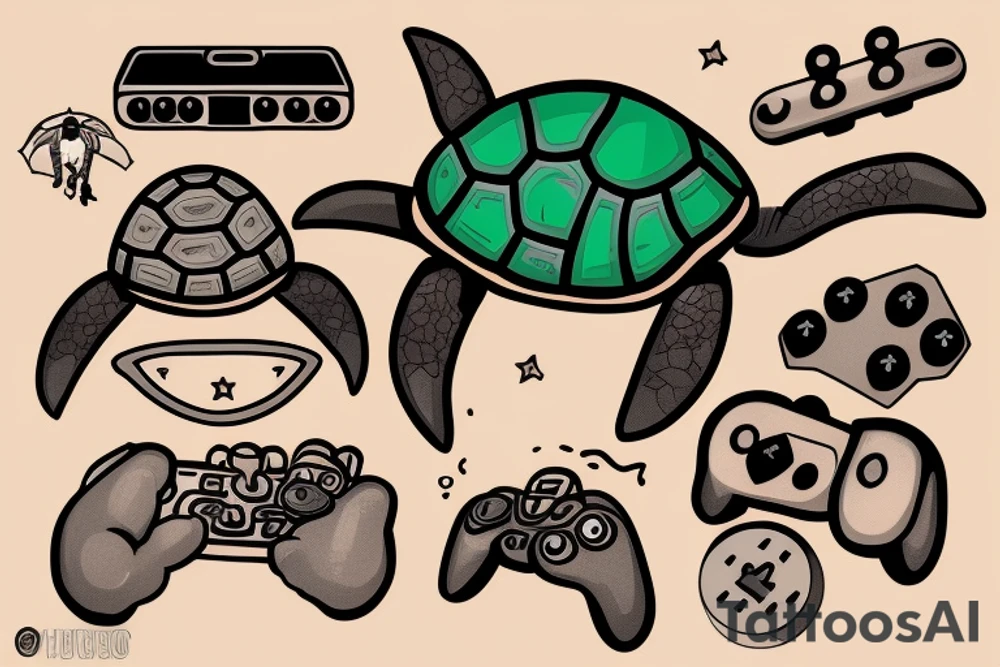 Turtle with a beanie and a video game controller tattoo idea