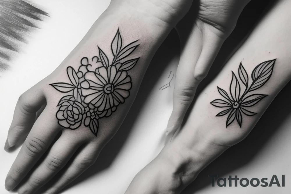 Minimalist hand tattoo of a flower with lines and leafs tattoo idea