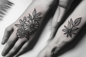 Minimalist hand tattoo of a flower with lines and leafs tattoo idea