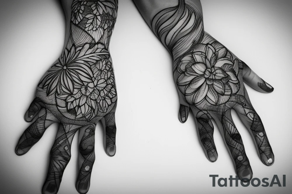 hand tattoo of a flower with lines and leafs tattoo idea