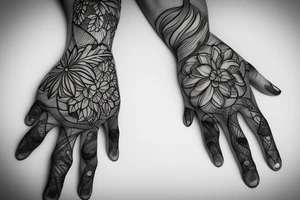hand tattoo of a flower with lines and leafs tattoo idea