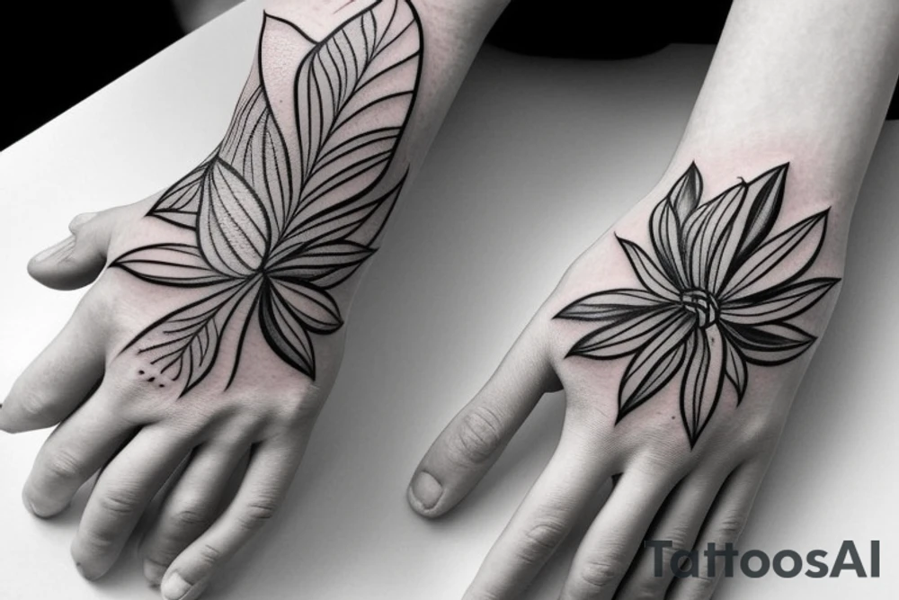 hand tattoo of a flower with lines and leafs tattoo idea