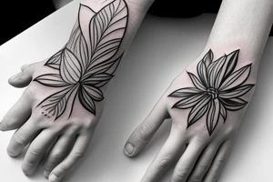 hand tattoo of a flower with lines and leafs tattoo idea