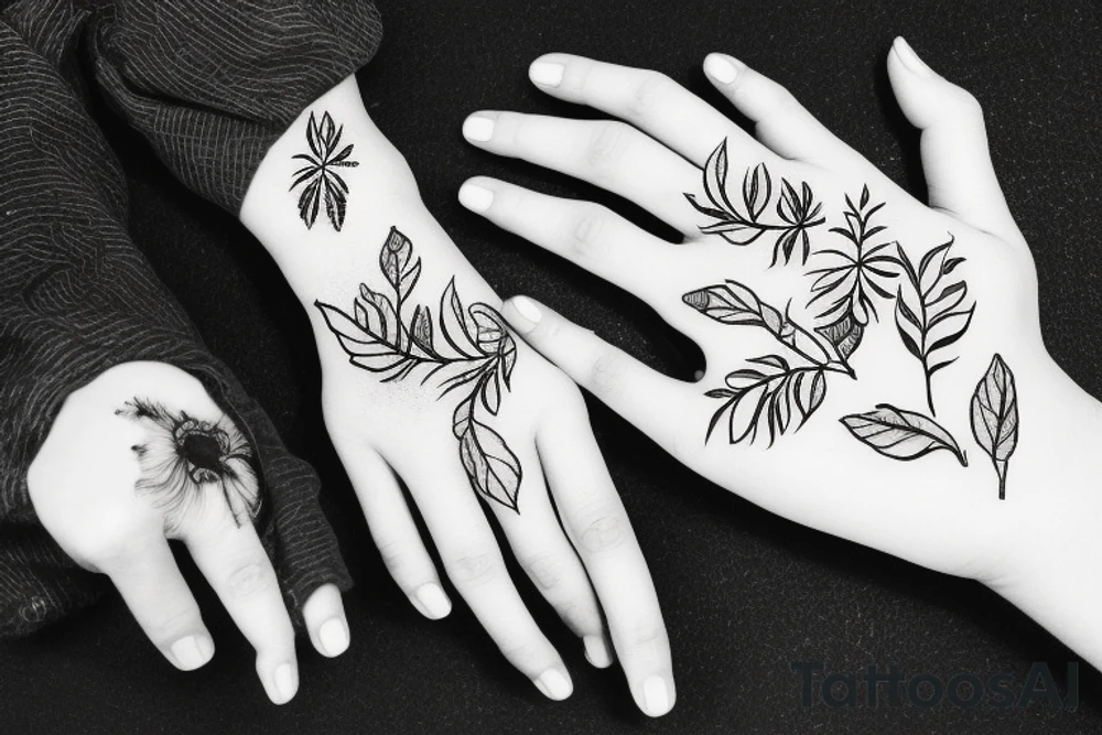flower with leafs hand tattoo tattoo idea
