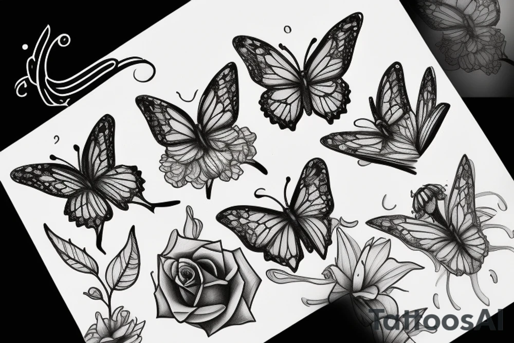 roses, monarch butterflies, lillies and 3 clocks tattoo idea
