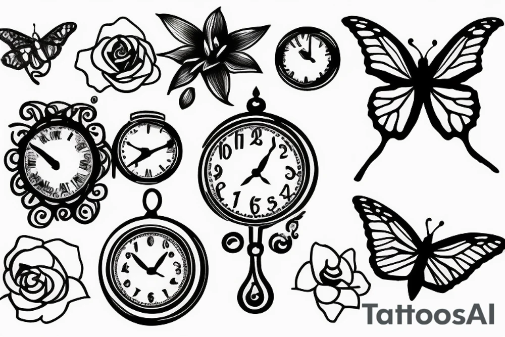 roses, monarch butterflies, lillies and 3 clocks tattoo idea