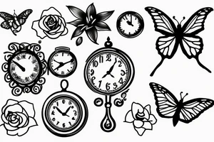 roses, monarch butterflies, lillies and 3 clocks tattoo idea