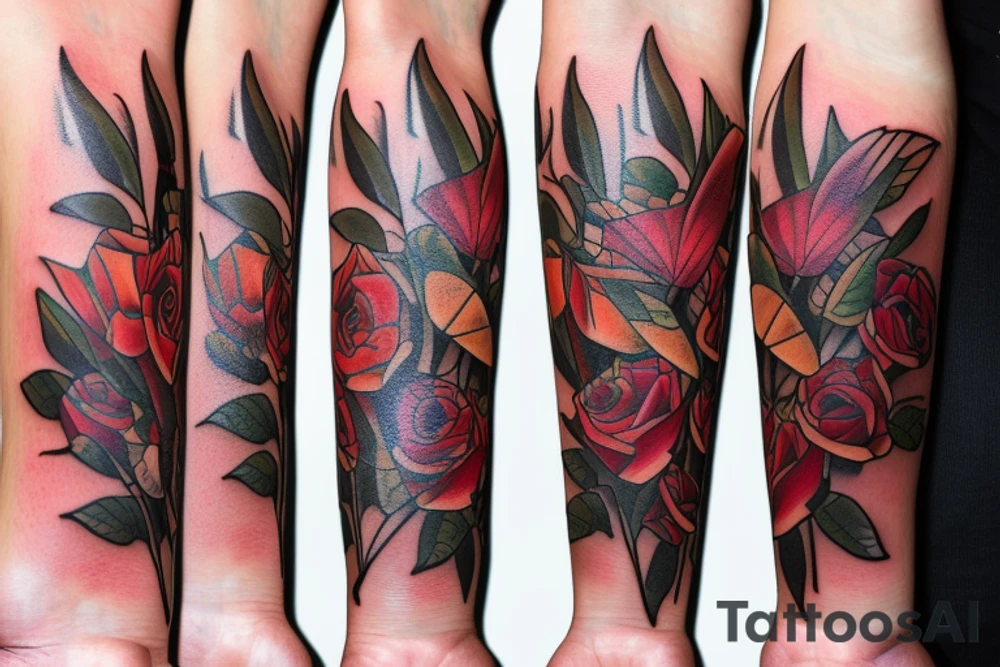 roses, monarch butterflies, lillies and 3 clocks tattoo idea