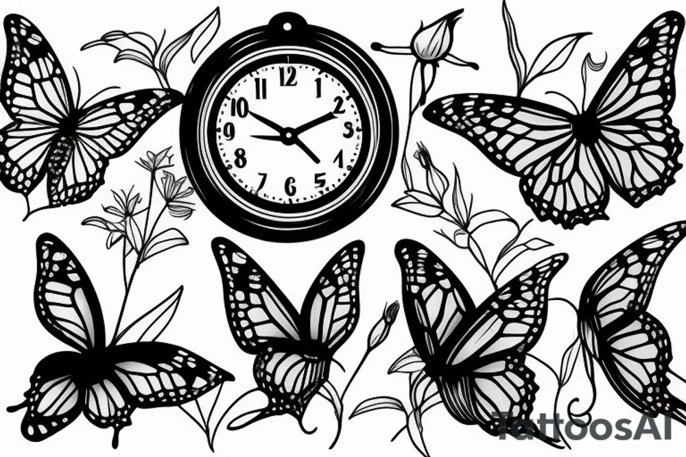 roses, monarch butterflies, lillies and 3 clocks tattoo idea