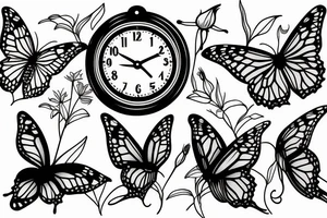 roses, monarch butterflies, lillies and 3 clocks tattoo idea