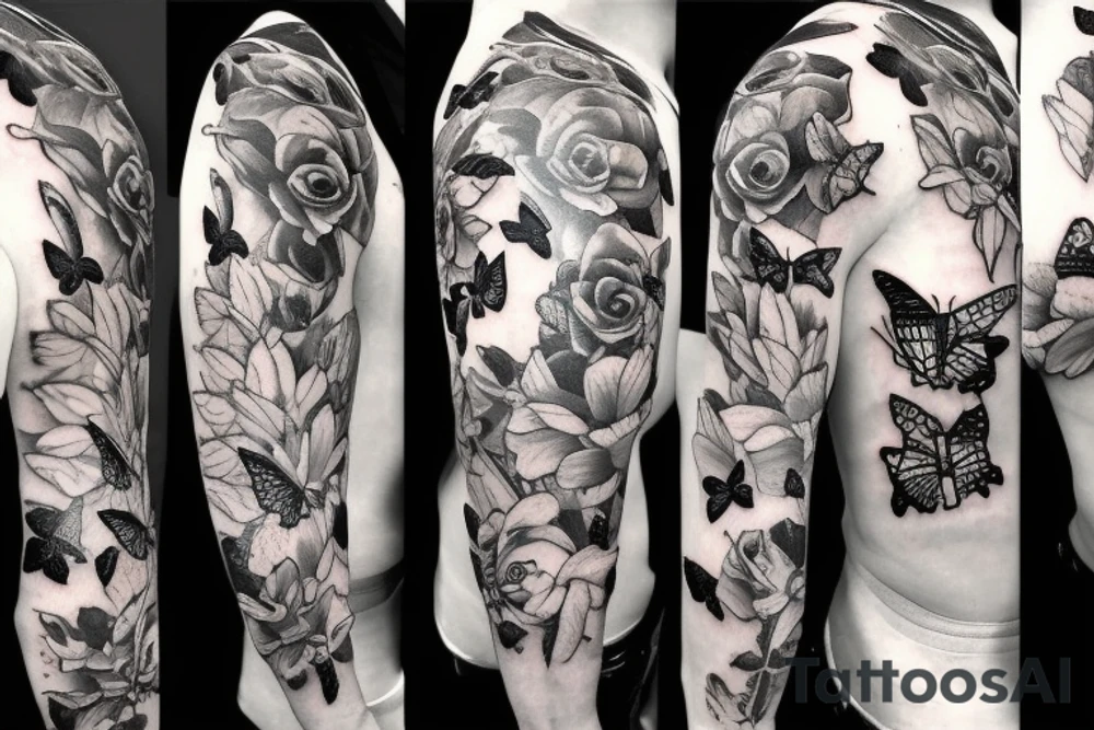side torso with roses, butterflies, lillies and 3 stop watches tattoo idea