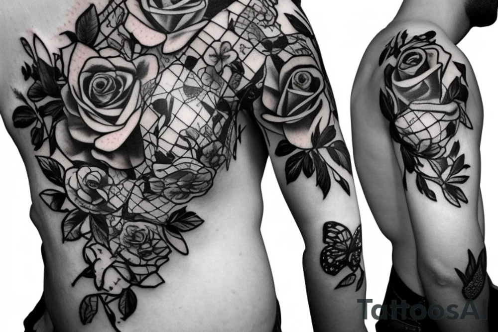 side torso with roses, butterflies, lillies and 3 stop watches tattoo idea