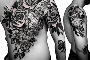 side torso with roses, butterflies, lillies and 3 stop watches tattoo idea