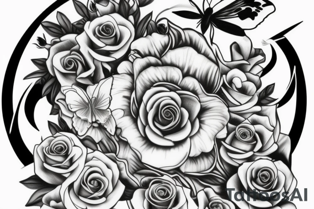side torso with roses, butterflies, lillies and 3 stop watches tattoo idea