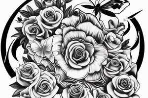 side torso with roses, butterflies, lillies and 3 stop watches tattoo idea