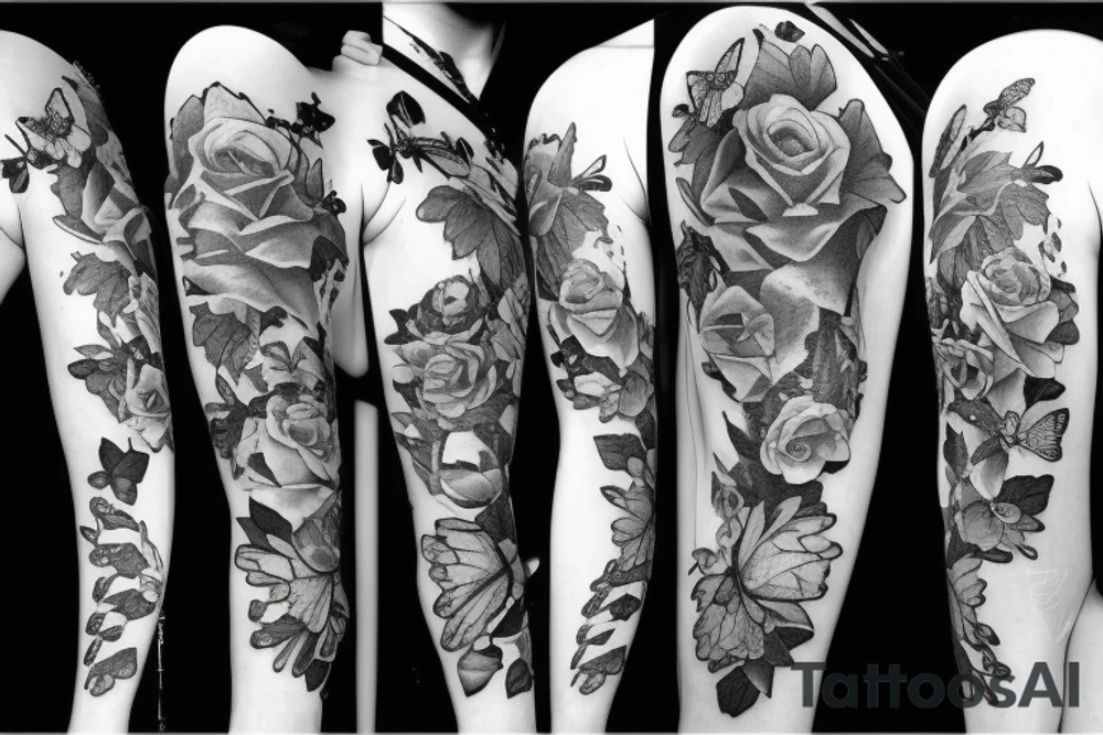 side torso with roses, butterflies, lillies and 3 stop watches tattoo idea