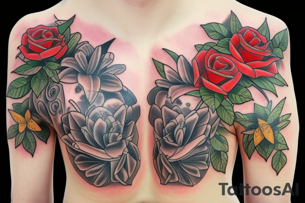 side torso with roses, monarch butterflies, lillies and 3 stop watches tattoo idea