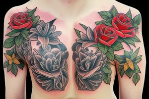 side torso with roses, monarch butterflies, lillies and 3 stop watches tattoo idea