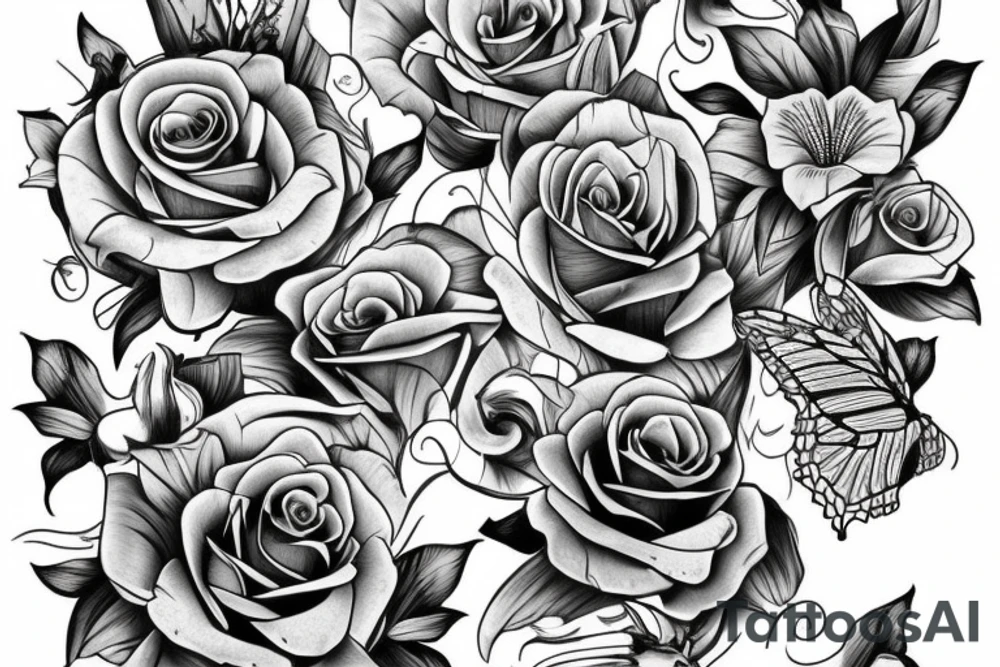 side torso with roses, monarch butterflies, lillies and 3 stop watches tattoo idea