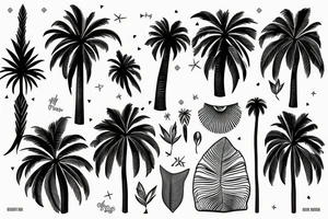 palm tree and ruins sleeve tattoo idea