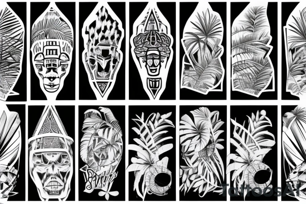 palm tree and ruins sleeve tattoo idea