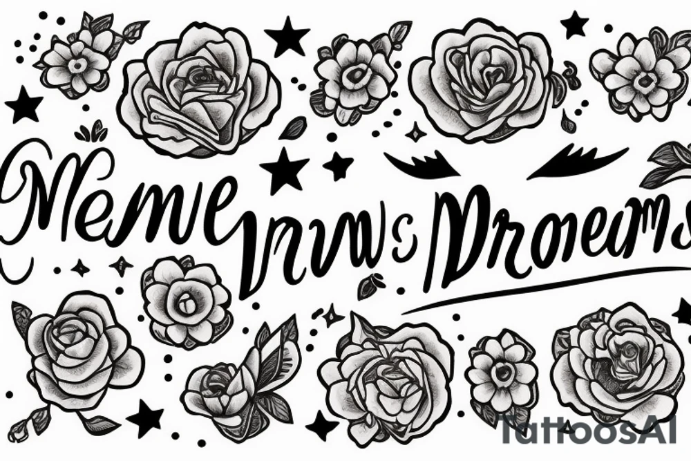 Moon with flowers and the text “newly minted, dreaming dreams.” tattoo idea