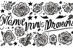 Moon with flowers and the text “newly minted, dreaming dreams.” tattoo idea