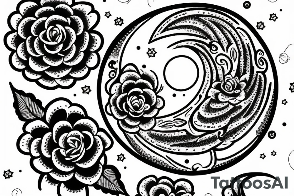 Moon outline with flower border tattoo idea
