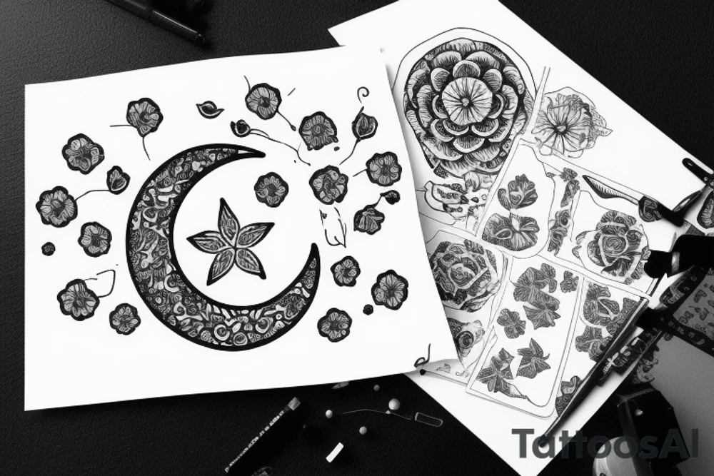 Moon outline with flower border tattoo idea