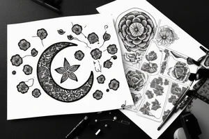 Moon outline with flower border tattoo idea