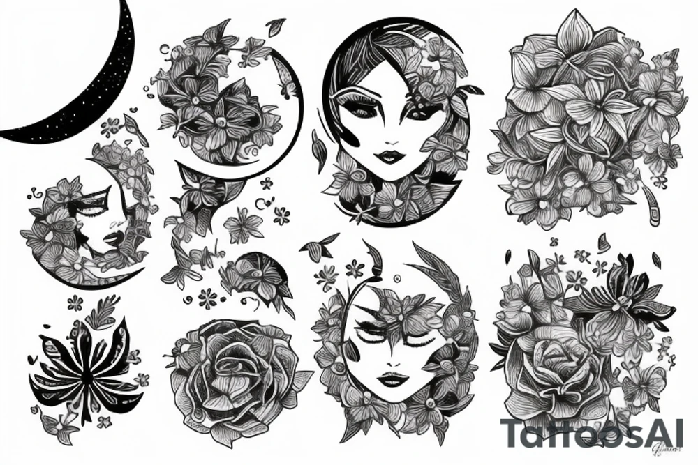 Fine line moon with small flowers tattoo idea Fine line moon with small flowers tattoo idea