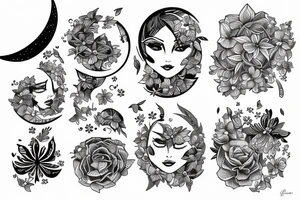 Fine line moon with small flowers tattoo idea