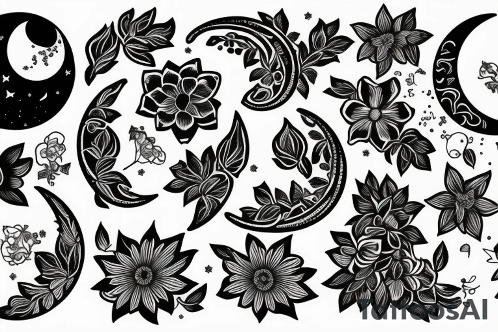 Fine line moon with small flowers tattoo idea Fine line moon with small flowers tattoo idea