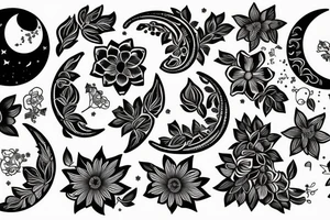 Fine line moon with small flowers tattoo idea