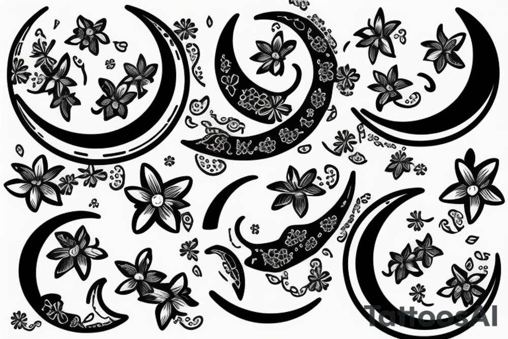 Crescent moon with small flowers in outline tattoo idea Crescent moon with small flowers in outline tattoo idea