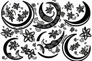 Crescent moon with small flowers in outline tattoo idea