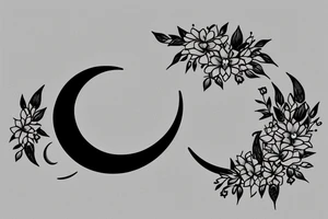 Crescent moon with small flowers in outline tattoo idea