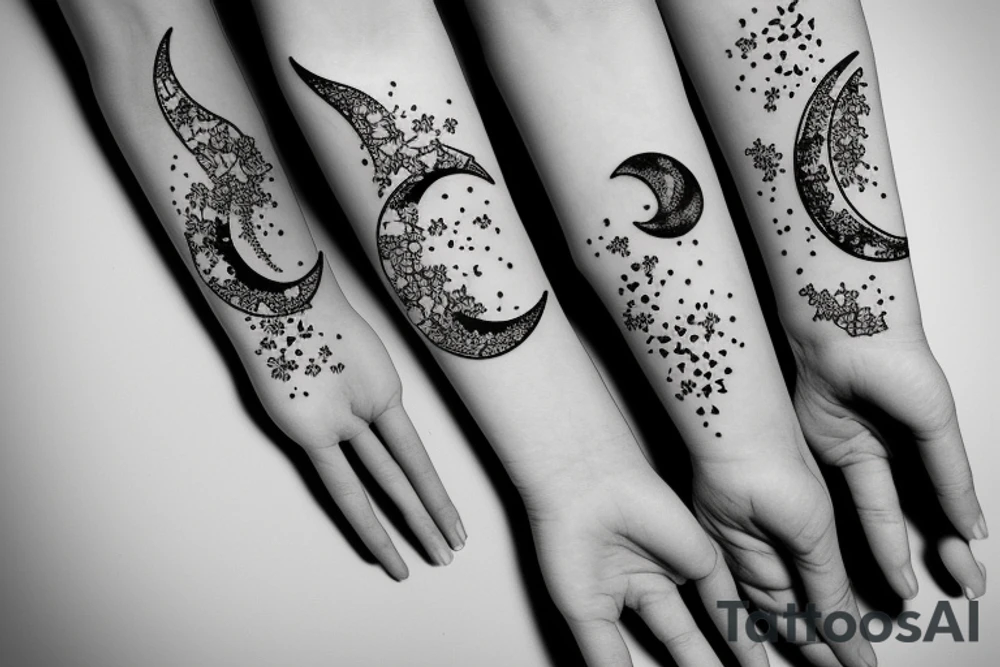 Crescent moon with small wild flowers in outline tattoo idea
